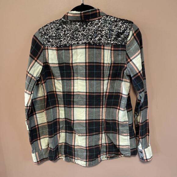 Harley Davidson Orange Black Plaid Shirt Sequins Small Women’s Top Button Up - Picture 5 of 6